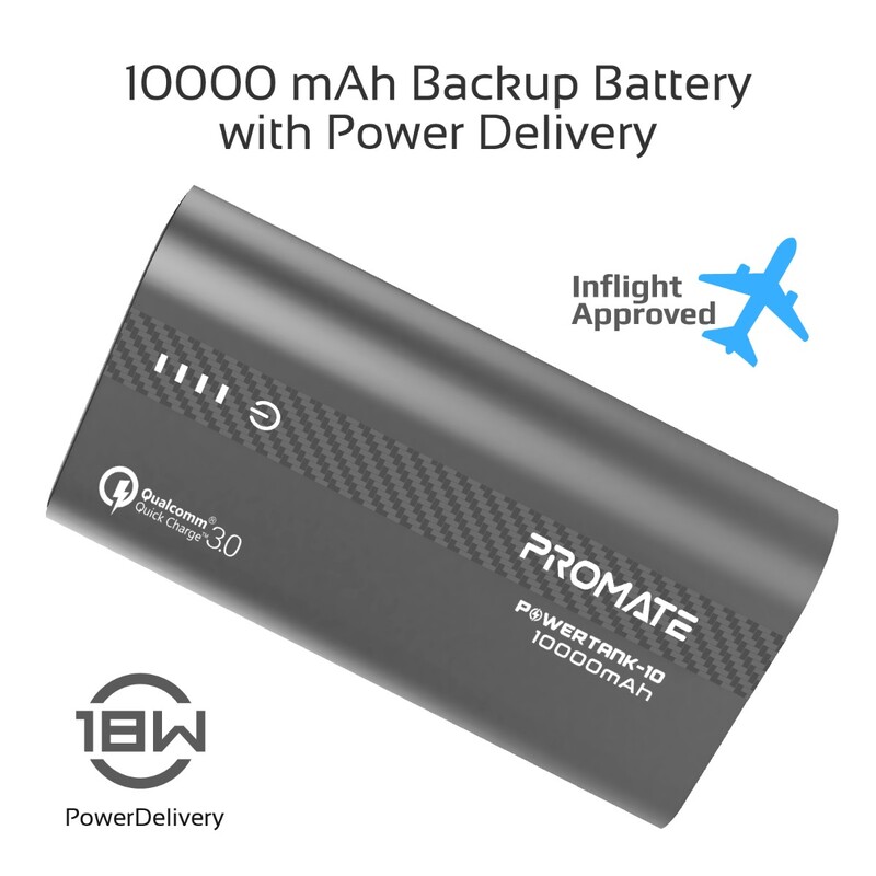 Promate 10000mAh PowerTank-10 USB-C Power Bank, Compact Palm Size 18W USB Type-C Input /Output Power Delivery External Battery Charger with QC 3.0 Port for iPhone XS /XS Max, Samsung S9/S9+, Grey